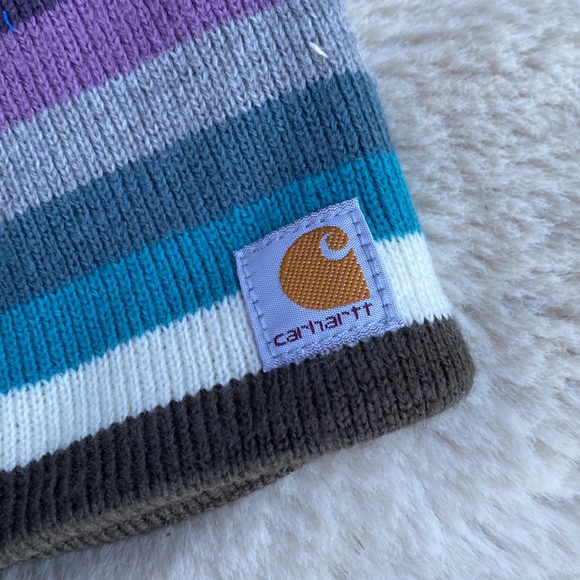 Women's Carhartt Purple Brown Striped Beanie Hat With Fleece Lining - Picture 2 of 6